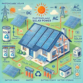 Schemat działania instalacji fotowoltaicznej – energia słoneczna przekształcana w prąd elektryczny