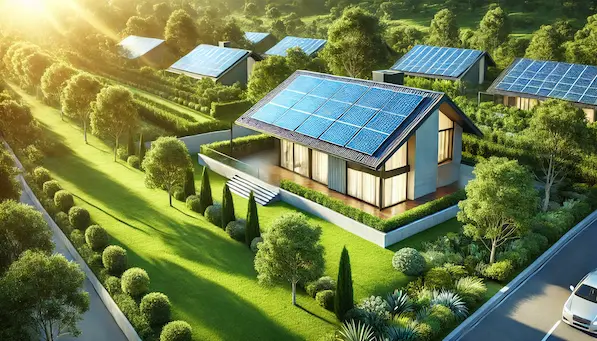 Dom z panelami fotowoltaicznymi i zielonym otoczeniem