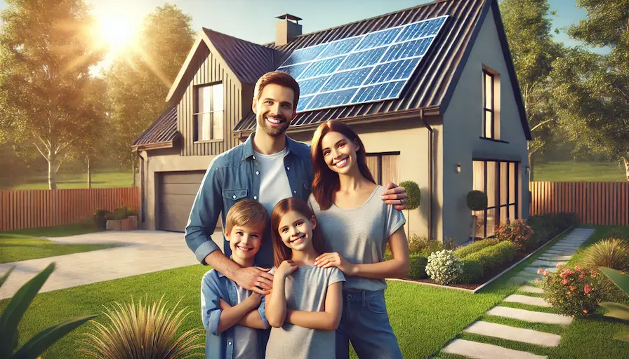 Rodzina przy domu z panelami fotowoltaicznymi