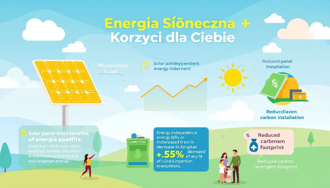 Infografika korzyści instalacji fotowoltaicznej z oszczędnościami i ekologią