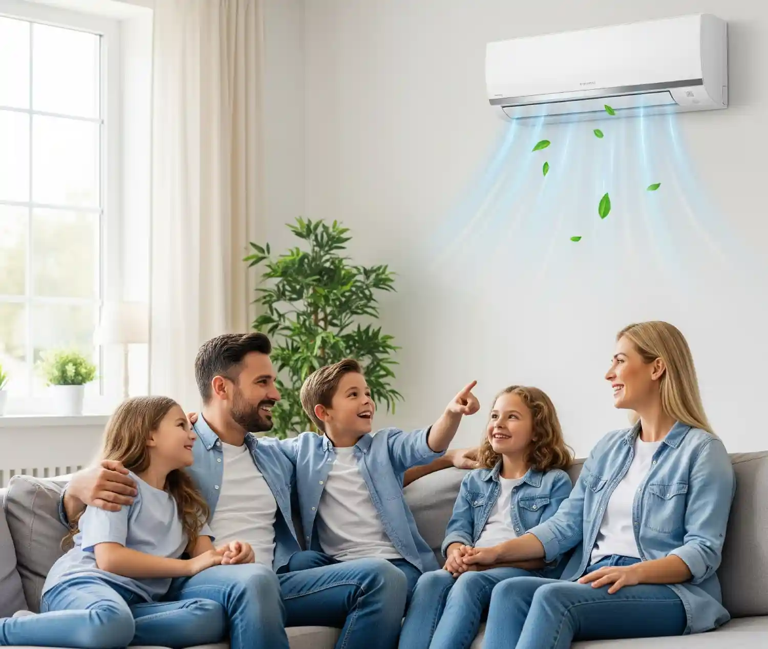 Uśmiechnięta rodzina w salonie z widocznym, nowoczesnym klimatyzatorem  z funkcją grzaniana,.